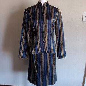 True Vintage Striped Blue & Gold Women's Skirt Set 2 Piece, Size XS to Small